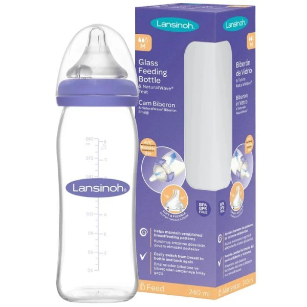 Lansinoh, butelka szklana ze smoczkiem Natural Wave o średnim przepływie, 240ml
