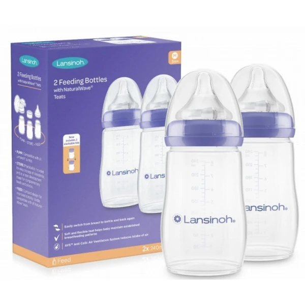 Lansinoh, butelka ze smoczkiem Natural Wave o średnim przepływie, 2x240ml + zakrętki