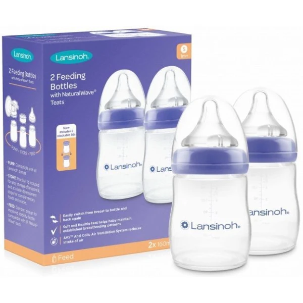 Lansinoh, butelka ze smoczkiem Natural Wave o wolnym przepływie, 2x160ml + zakrętki