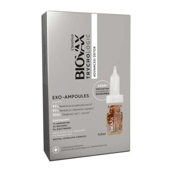 L'biotica Biovax Trychologic, Advanced Detox Exo-Ampoules, kuracja do skóry łojotokowej i przetłuszczającej się, 7 x 5ml