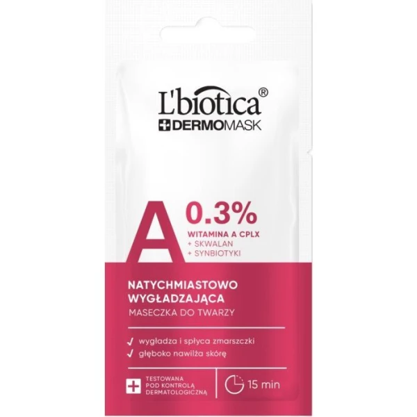 L'Biotica Dermomask, natychmiastowo wygładzająca maseczka do twarzy, z witaminą A, 8ml