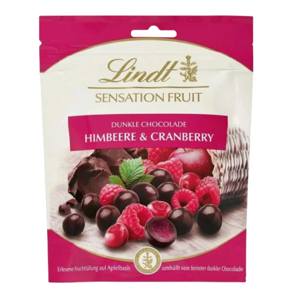 Lindt Sensation Fruit, praliny z czekolady deserowej, z nadzieniem malinowo-żurawinowym, 150g