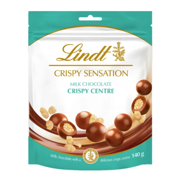 Lindt Crispy Sensation, kulki z czekolady mlecznej z nadzieniem ciasteczkowym, 140g