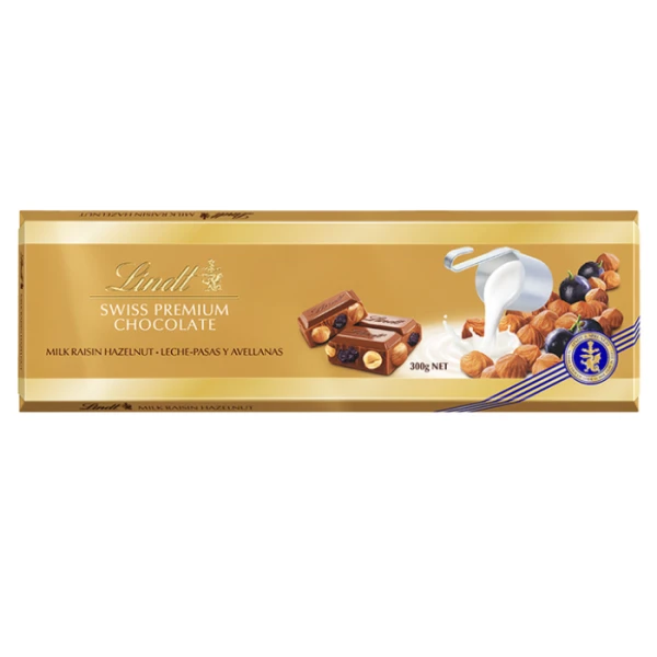 Lindt Swiss Premium Chocolate, czekolada mleczna z rodzynkami i orzechami laskowymi, 300g