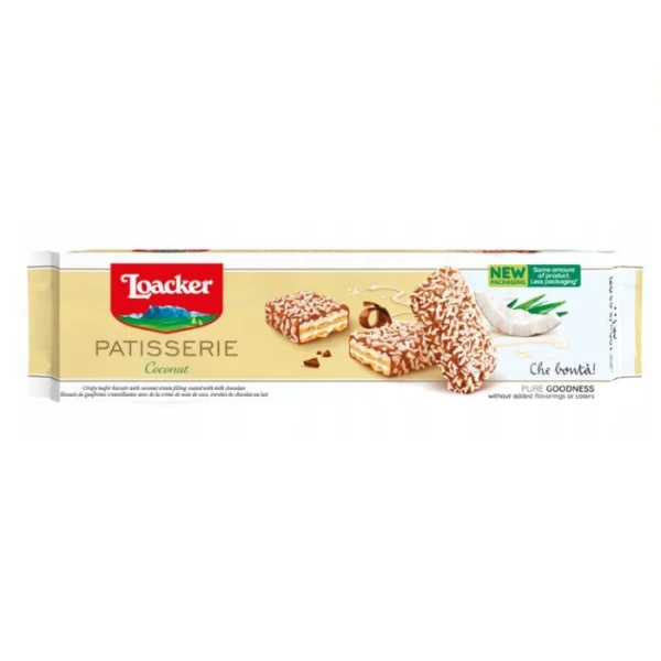 Loacker Patisserie Coconut, wafelki z mleczną czekoladą i kremem kokosowym, 100g