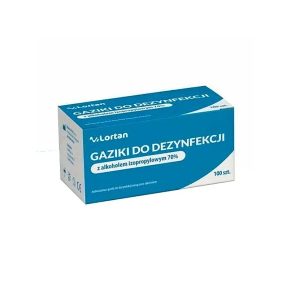 Lortan, gaziki do dezynfekcji z alkoholem izopropylowym 70%, 100 sztuk