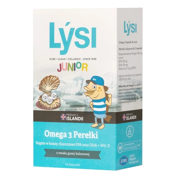 Lysi Junior, Omega 3 Perełki, smak gumy balonowej, od 4 roku życia, 60 sztuk