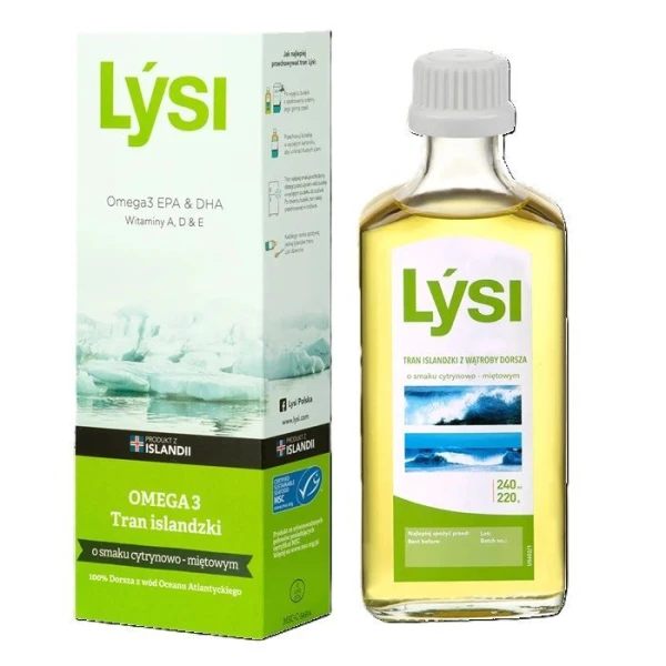 Lysi, Tran Islandzki z wątroby dorsza, smak cytrynowo-miętowy, 240ml