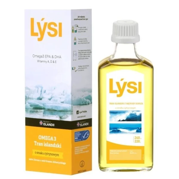 Lysi, Tran Islandzki z wątroby dorsza, smak cytrynowy, 240ml