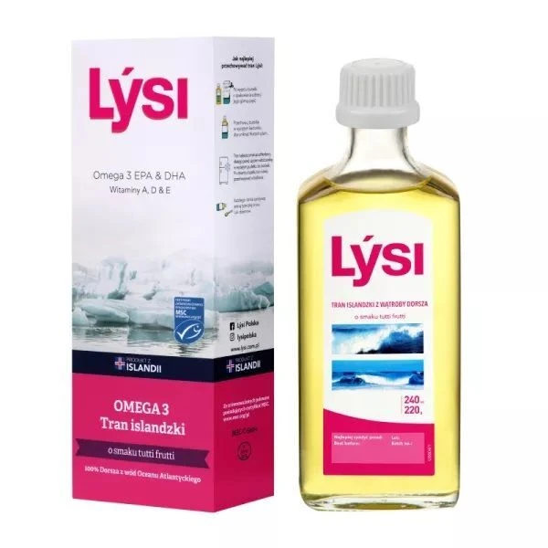 Lysi, Tran Islandzki z wątroby dorsza, smak tutti-frutti, 240ml