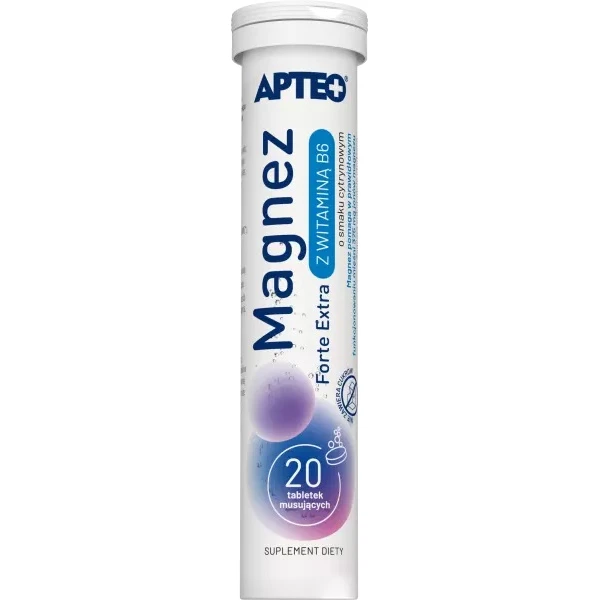 Magnez Forte Extra z witaminą B6, smak cytrynowy, Apteo, 20 tabletek musujących