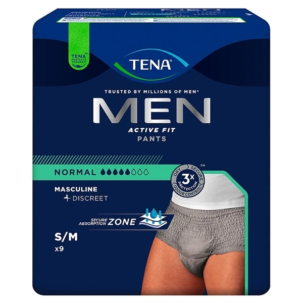 Majtki chłonne Tena Men ActiveFit Pants Normal Grey, rozmiar S/M, chłonność 5/8, 9 sztuk