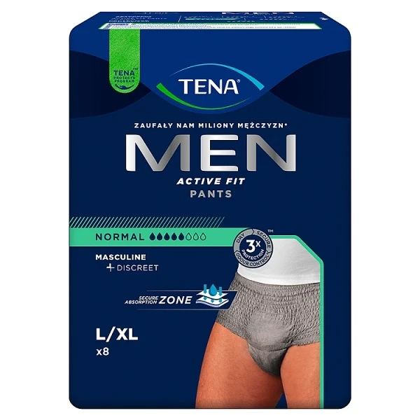 Majtki chłonne Tena Men ActiveFit Pants Normal Grey, rozmiar L/XL, chłonność 5/8, 8 sztuk