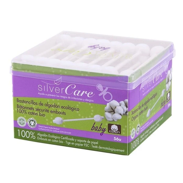 Masmi Silver Care, patyczki higieniczne do uszu z organicznej bawełny, dla niemowląt i dzieci, 56 sztuk