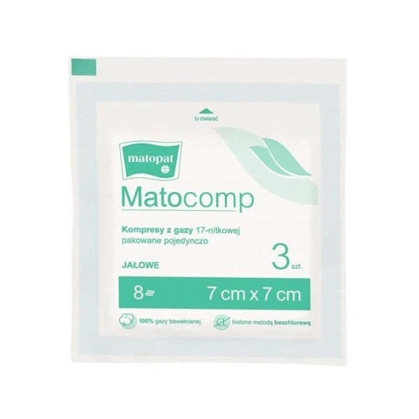 Kompresy z gazy bawełnianej Matocomp, jałowe, 17-nitkowe, 8-warstwowe, 7cmx7cm, 3 sztuki