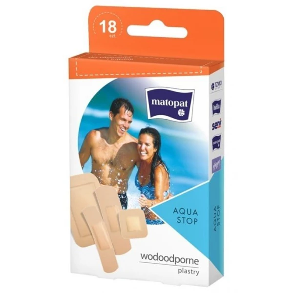 Matopat Aqua Stop, plastry opatrunkowe, wodoodporne, mix rozmiarów, 18 sztuk