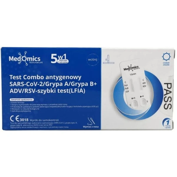 Medomics, test combo 5w1, SARS CoV-2, Grypa A/B, RSV, Adenowirus, antygen, 1 sztuka