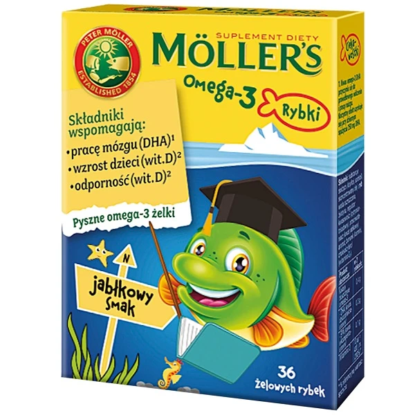 Mollers Omega-3 Rybki, smak jabłkowy, żelki, 36 sztuk