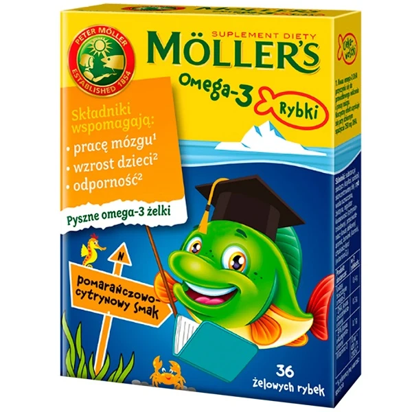 Mollers Omega-3 Rybki, smak pomarańczowo-cytrynowy, żelki, 36 sztuk