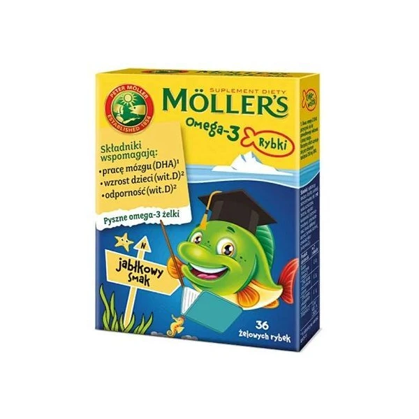 Mollers Omega-3 Rybki, smak jabłkowy, żelki, 36 sztuk