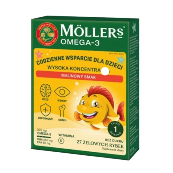 Mollers Omega-3 Wysoka Koncentracja, żelki, smak malinowy, bez cukru, po 3 roku życia, 27 sztuk