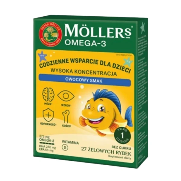 Mollers Omega-3 Wysoka Koncentracja, żelki, smak owocowy, bez cukru, po 3 roku życia, 27 sztuk