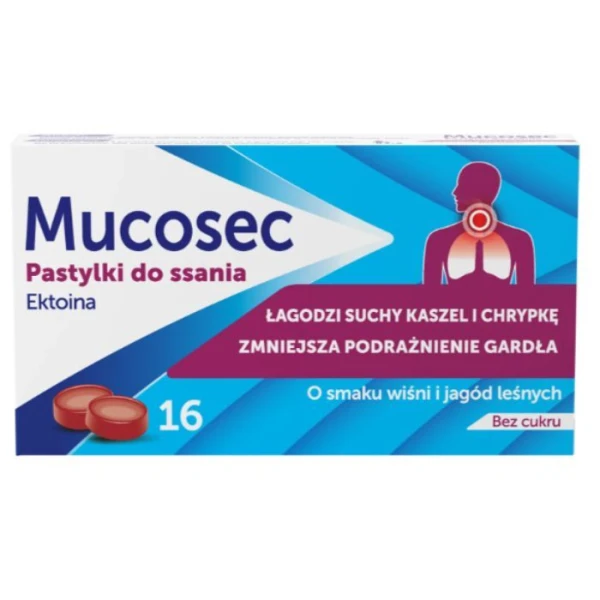 Mucosec, smak wiśni i jagód leśnych, bez cukru, 16 pastylek do ssania