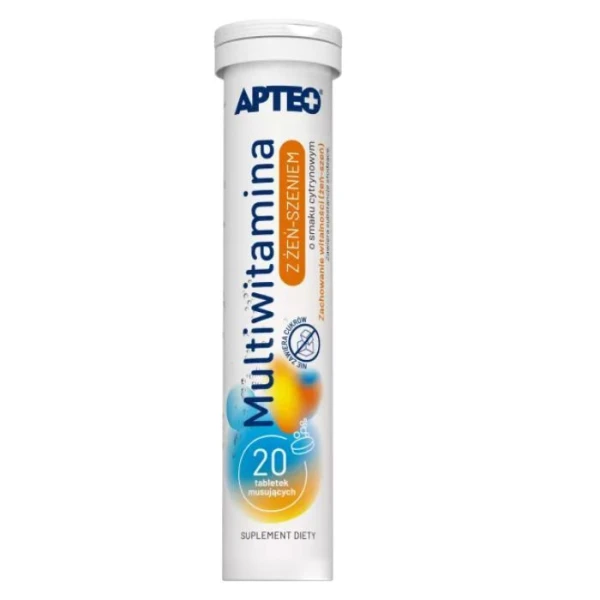Multiwitamina z żeń-szeniem, Apteo, smak cytrynowy, 20 tabletek musujących