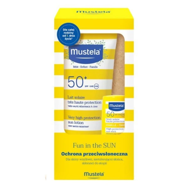 Mustela Bebe Enfant, Fun in the Sun, sztyft przeciwsłoneczny SPF 50 do twarzy, 9ml + mleczko SPF 50+, 100ml