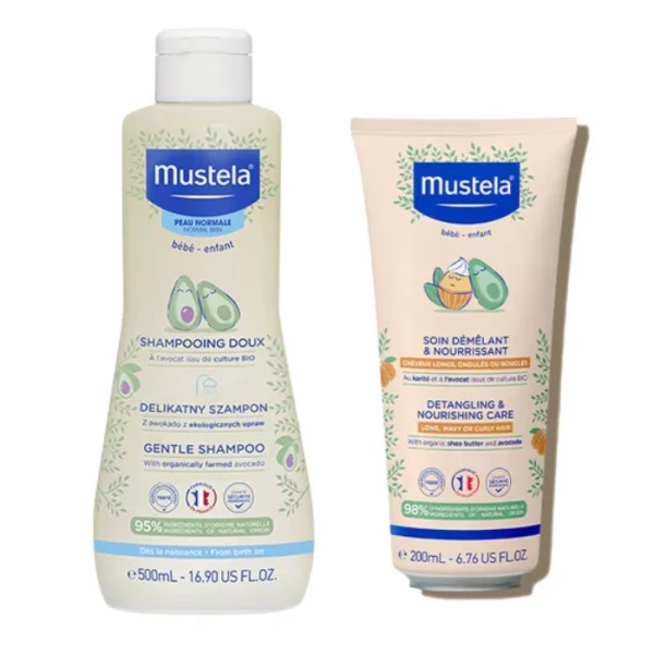 Mustela Bebe Enfant, szampon z awokado, od 1 dnia życia, 500ml + odżywka 2w1 ułatwiająca rozczesywanie, 200ml