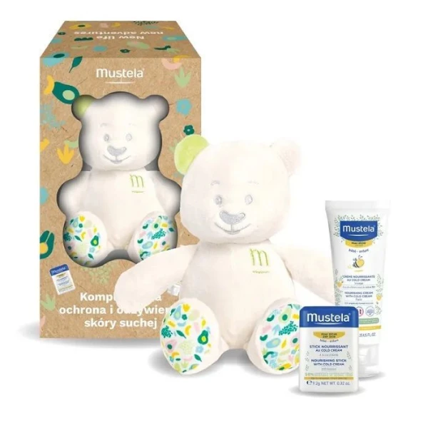 Mustela Cold Cream, odżywczy krem do twarzy, 40ml + ochronny sztyft, 9,2g + pluszowy Miś