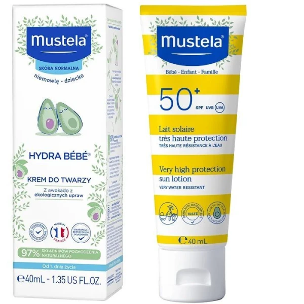 Mustela, Hydra Bebe, krem z organicznym awokado, 40ml + mleczko przeciwsłoneczne SPF50+, 40ml