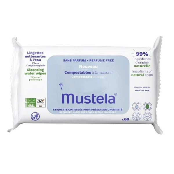 Mustela, kompostowalne chusteczki nawilżane wodą, od 1 dnia życia, 60 sztuk