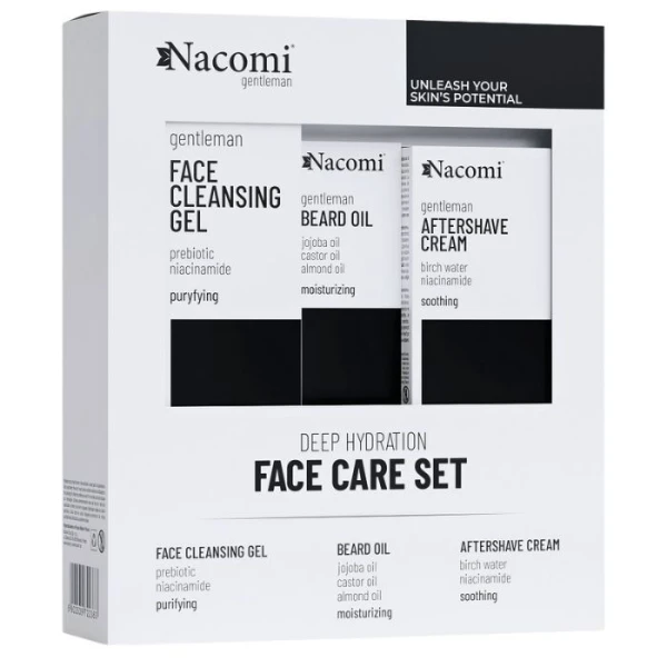 Nacomi Gentleman Face Care Set, żel do mycia twarzy, 140ml + olejek do brody, 40ml + krem po goleniu, 50ml