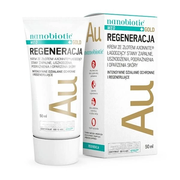 Nanobiotic Med Plus Gold, Skin Repair, krem ze złotem i Fomblinem łagodzący stany zapalne, podrażnienia i oparzenia skóry, 50ml
