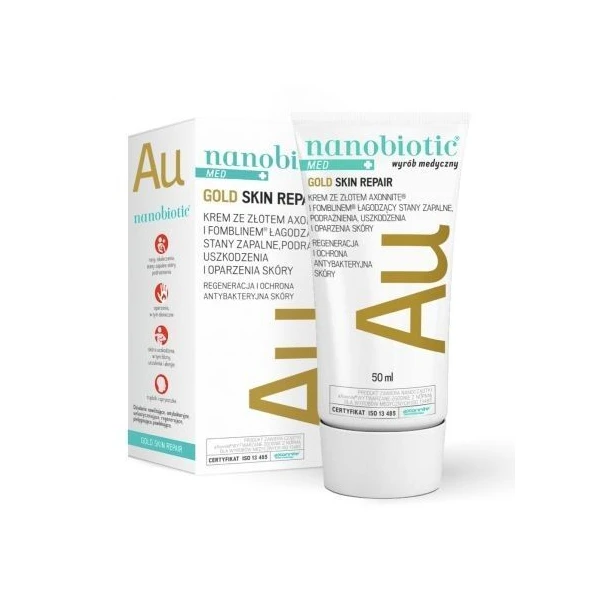 Nanobiotic Med Plus Gold, Skin Repair, krem ze złotem i Fomblinem łagodzący stany zapalne, podrażnienia i oparzenia skóry, 50ml