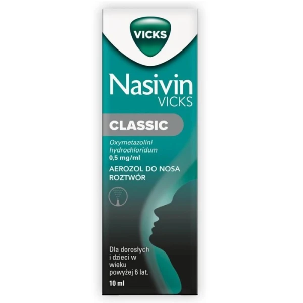 Nasivin Classic 0,5mg/ml, aerozol do nosa, dla dorosłych i dzieci w wieku powyżej 6 lat, 10ml