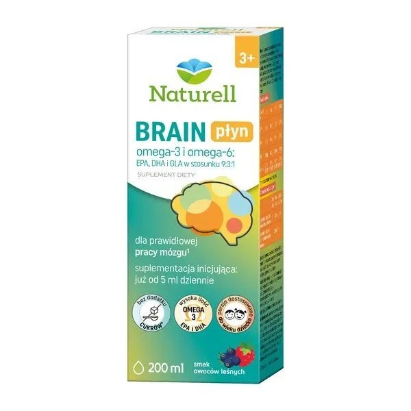 [DATA - 2026-10-31] Naturell, Brain, Omega-3 i Omega-6, dla dorosłych i dzieci po 3 roku życia, płyn, smak owoców leśnych, 200ml