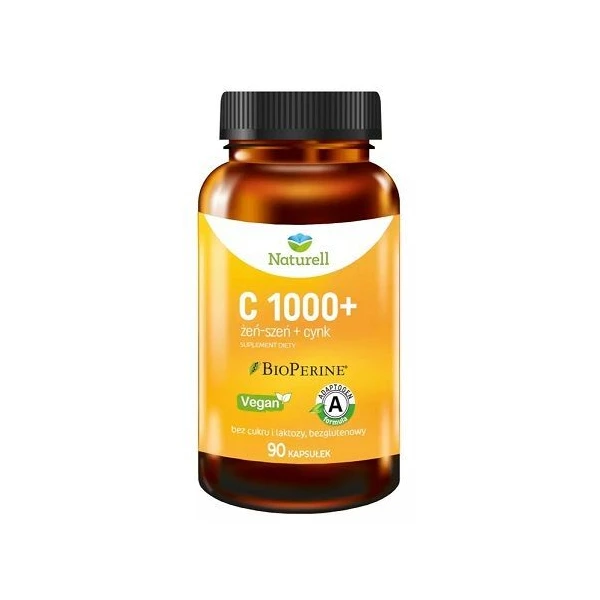 Naturell, C 1000+, witamina C, żeń-szeń, cynk, 90 kapsułek