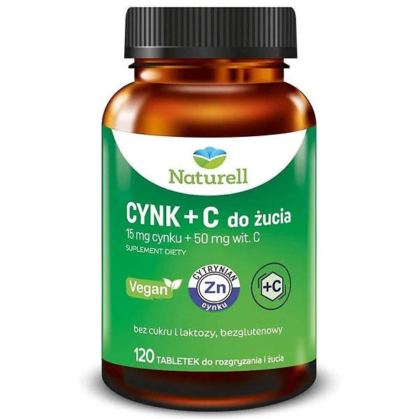 Naturell, cynk + C, 120 tabletek do rozgryzania i żucia