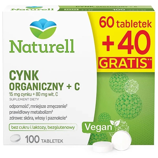 Naturell, Cynk Organiczny + C, 60 tabletek + 40 tabletek w prezencie
