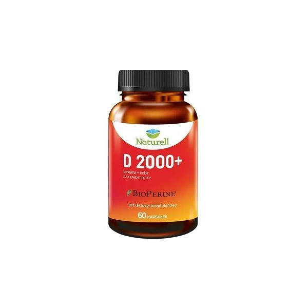 Naturell, D 2000+, witamina D, kurkuma, imbir, 60 kapsułek