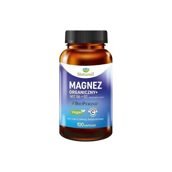 Naturell, Magnez organiczny + witamina B6 + witamina B2, 100 kapsułek