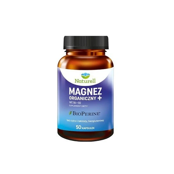Naturell, Magnez organiczny + witamina B6 + witamina B2, 50 kapsułek