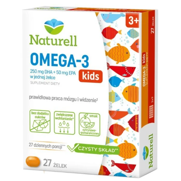 Naturell, Omega-3 Kids, żelki dla dzieci powyżej 3 roku życia, smak cytrynowo-pomarańczowy, 27 żelek