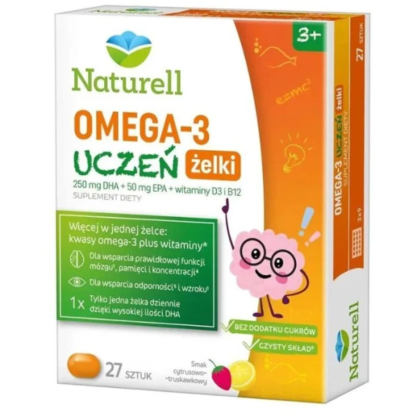 Naturell, Omega-3 Uczeń, żelki dla dzieci po 3 roku życia, 27 sztuk