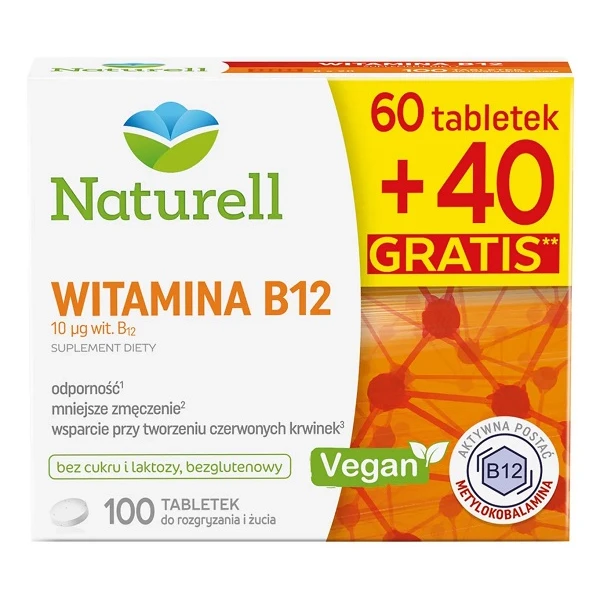 Naturell, Witamina B12, 60 tabletek do rozgryzania i żucia + 40 tabletek w prezencie