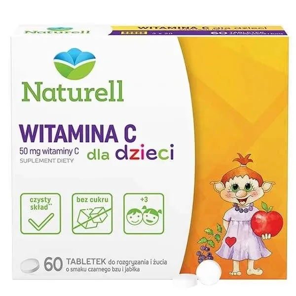 Naturell, witamina C dla dzieci, smak czarnego bzu i jabłka, 60 tabletek do rozgryzania i żucia