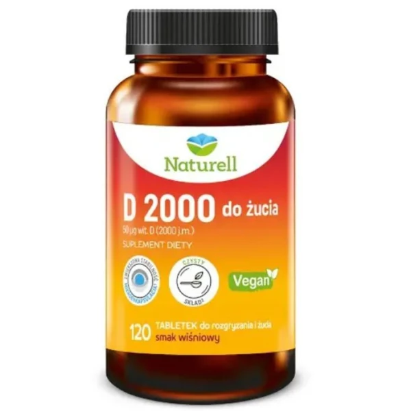Naturell, witamina D 2000, smak wiśniowy, 120 tabletek do rozgryzania i żucia