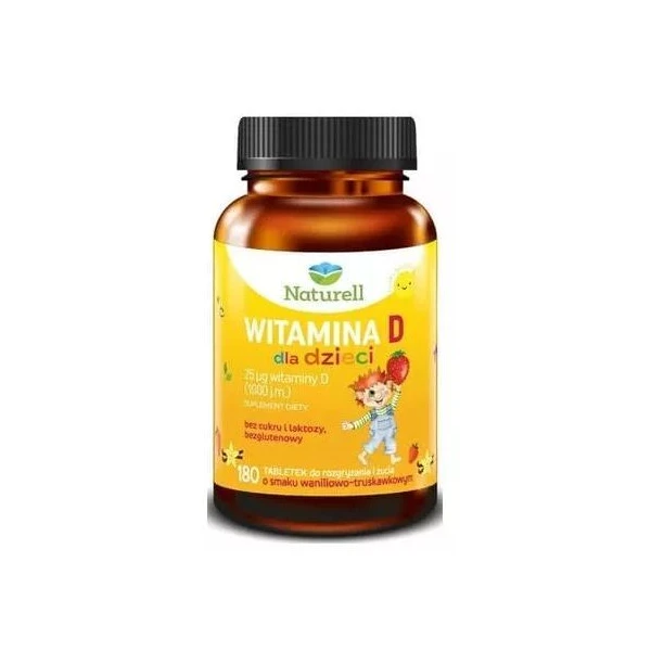 [DATA - 2026-10-01] Naturell, witamina D dla dzieci, smak waniliowo-truskawkowy, 180 tabletek do rozgryzania i żucia